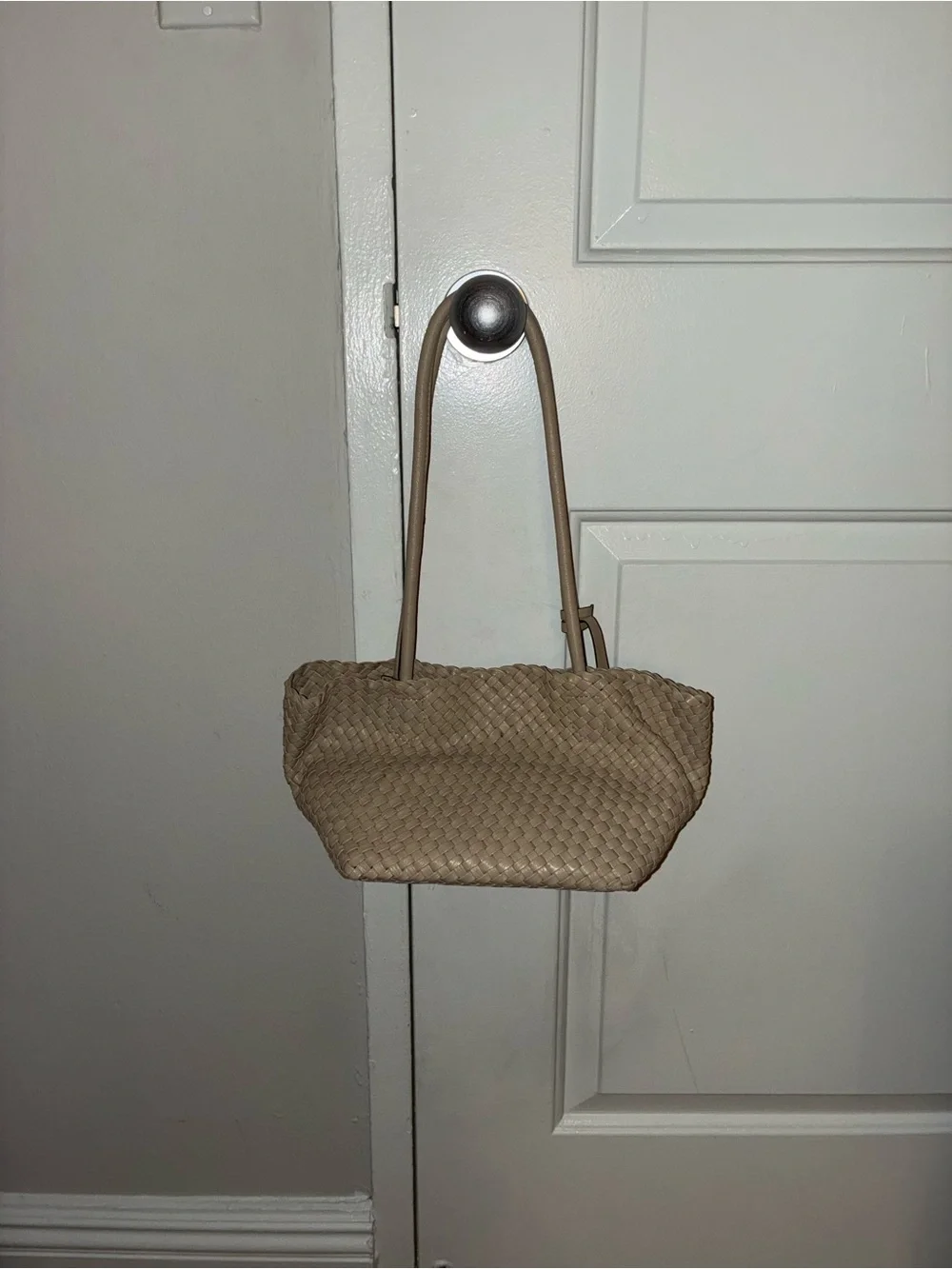 Lodis Woven Leather Shoulder Bag Taupe Gold Hardware